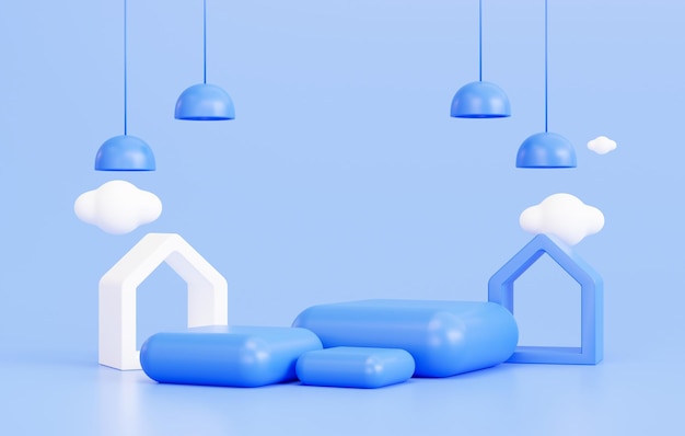 Blaues Podium mit Hausmodell 3d abstrakter Hintergrund leerer Hintergrundsockel Produktanzeige für Hausproduktplatzierung