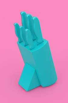 Blaues profi-küchenmesser-set in box im duotone-stil auf rosa hintergrund. 3d-rendering