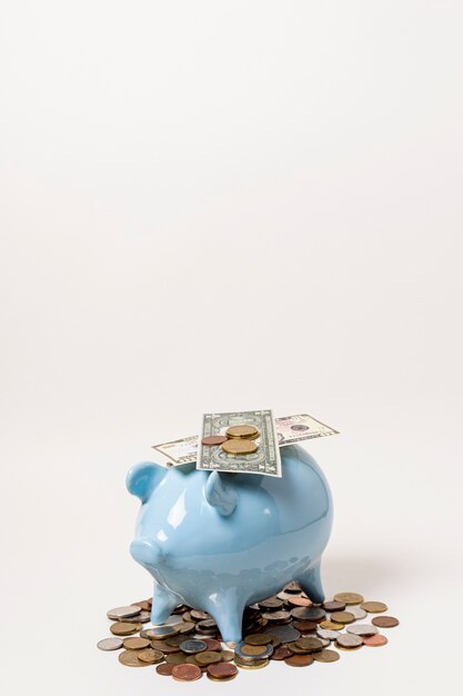 Blaues Sparschwein mit Geld und Münzen auf Kopienraumhintergrund
