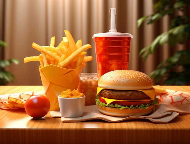 Kostenloses Foto blick auf 3d-burger-mahlzeit mit pommes frites