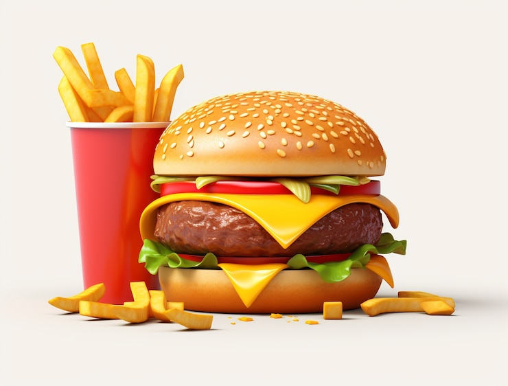 Kostenlose Foto blick auf 3d-burger-mahlzeit mit pommes frites