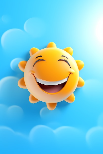 Blick auf 3D-Smiley und glückliche Sonne mit Himmelshintergrund