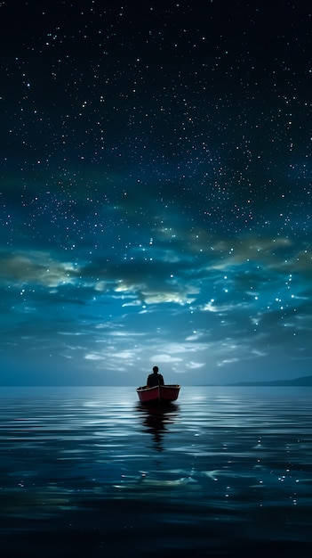 Kostenloses Foto blick auf das boot auf dem wasser bei nacht