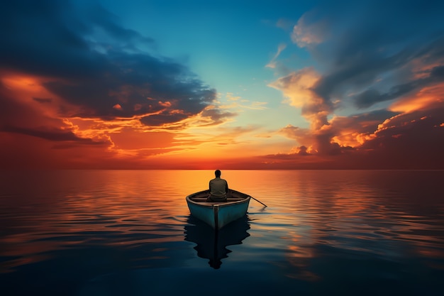 Kostenloses Foto blick auf das boot auf dem wasser bei sonnenuntergang