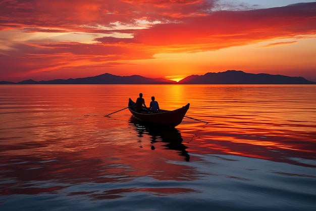 Blick auf das Boot auf dem Wasser bei Sonnenuntergang