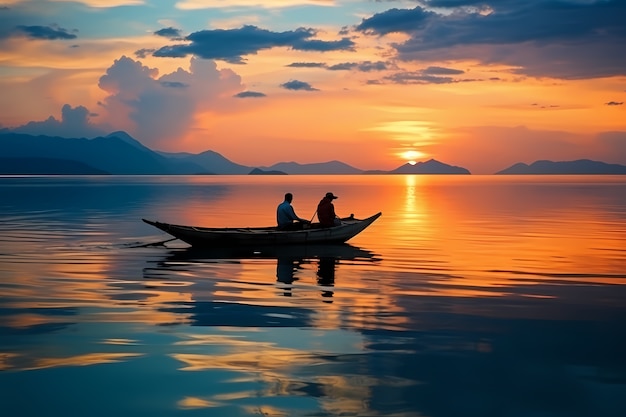 Blick auf das Boot auf dem Wasser bei Sonnenuntergang
