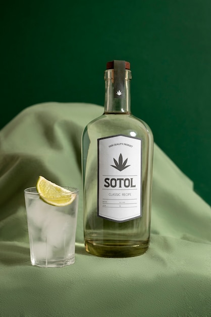 Blick auf das mexikanische Sotol-Getränk mit Glasflasche