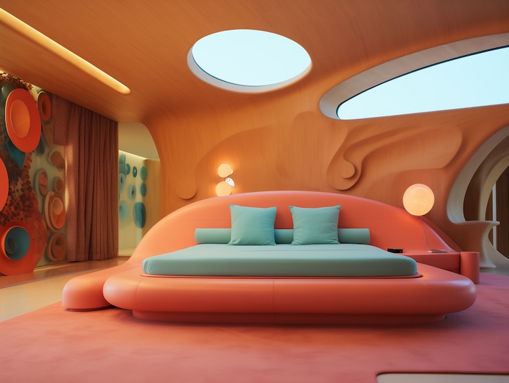 Kostenlose Foto blick auf das schlafzimmer mit futuristischem dekor und stil