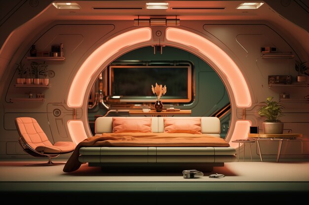 Blick auf das Schlafzimmer mit futuristischem Dekor und Stil