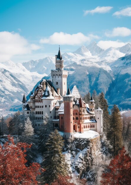 Blick auf das Schloss mit winterlicher Naturlandschaft