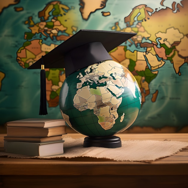 Blick auf den Globus mit Abschlussmütze und Büchern für den Bildungstag