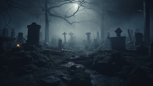 Blick auf den gruseligen Friedhof bei Nacht mit Mondlicht