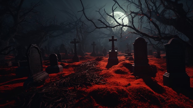 Blick auf den gruseligen Friedhof bei Nacht mit Mondlicht