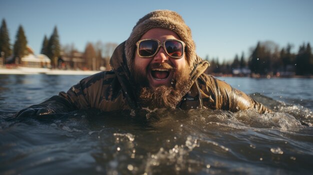 Blick auf den lustigen Mann im kalten Wasser
