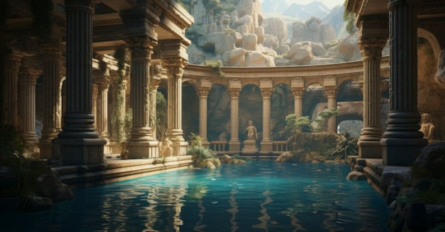 Blick auf den Pool des antiken römischen Reiches neben dem Gebäude