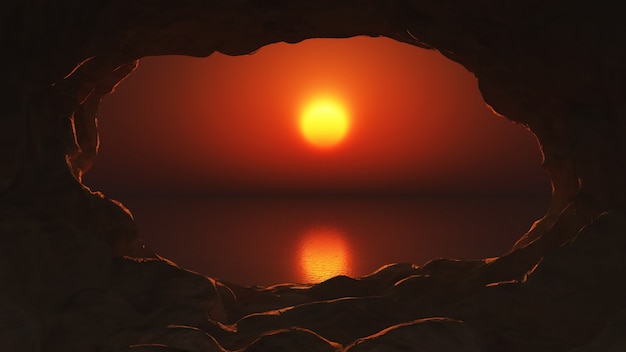 Blick auf den Sonnenuntergang aus einer Höhle