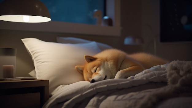 Kostenloses Foto blick auf den süßen hund, der auf dem bett schläft