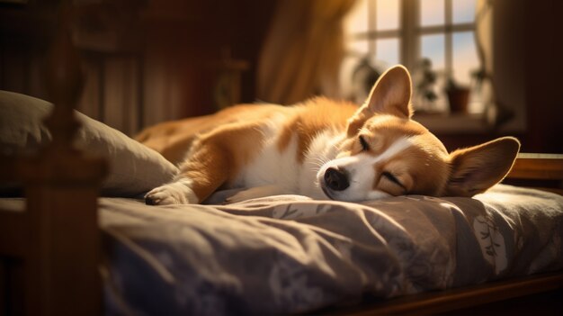 Blick auf den süßen Hund, der auf dem Bett schläft