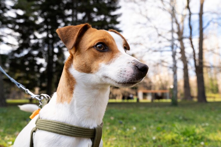 Kostenlose Foto blick auf den süßen hund, der die zeit in der natur im park genießt