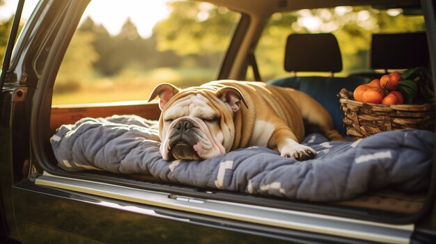 Blick auf den süßen Hund, der friedlich im Auto schläft