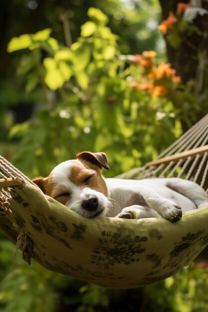 Blick auf den süßen Hund, der in der Hängematte schläft