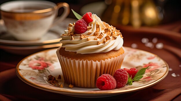 Blick auf den Teller mit köstlichem und süßem Cupcake-Dessert