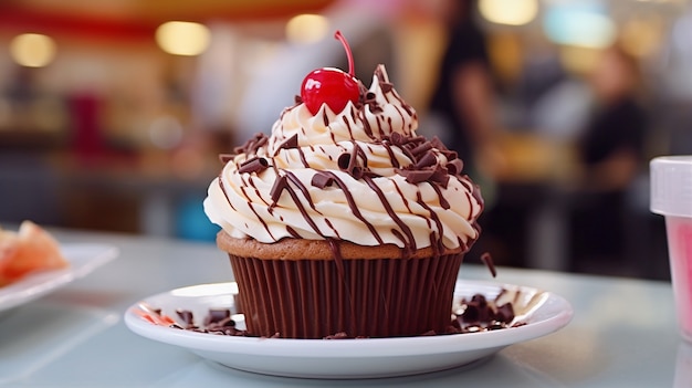 Blick auf den Teller mit köstlichem und süßem Cupcake-Dessert