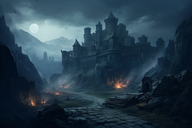 Blick auf die Burg bei Nacht mit gruseliger Atmosphäre