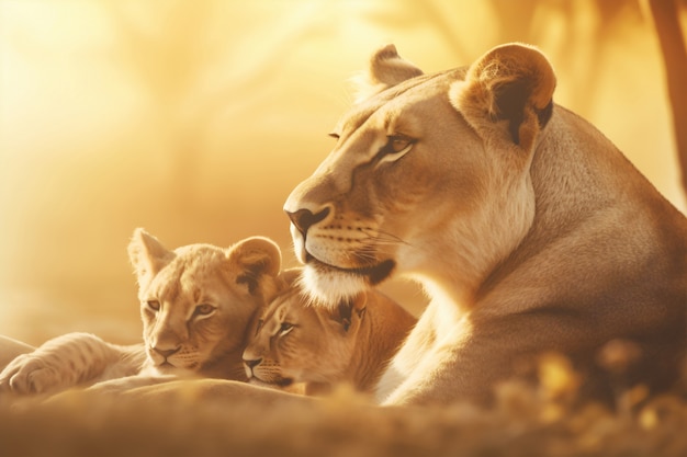 Blick auf die Löwin mit Jungen in freier Wildbahn