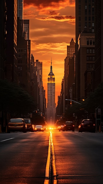 Blick auf die Straße von New York City bei Sonnenuntergang