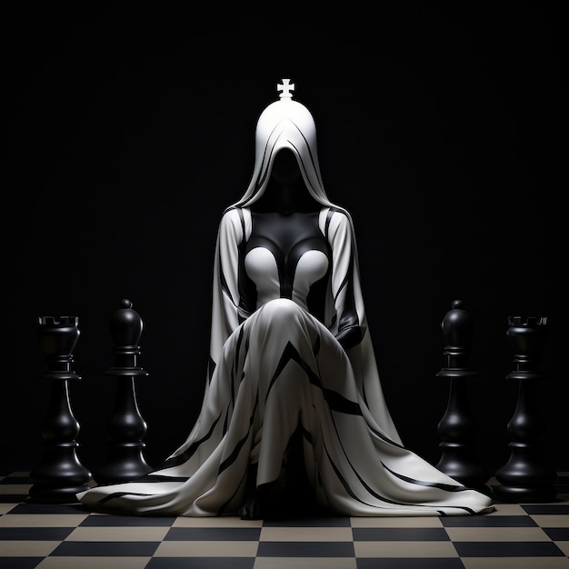 Blick auf dramatische Schachfiguren mit geheimnisvoller Figur