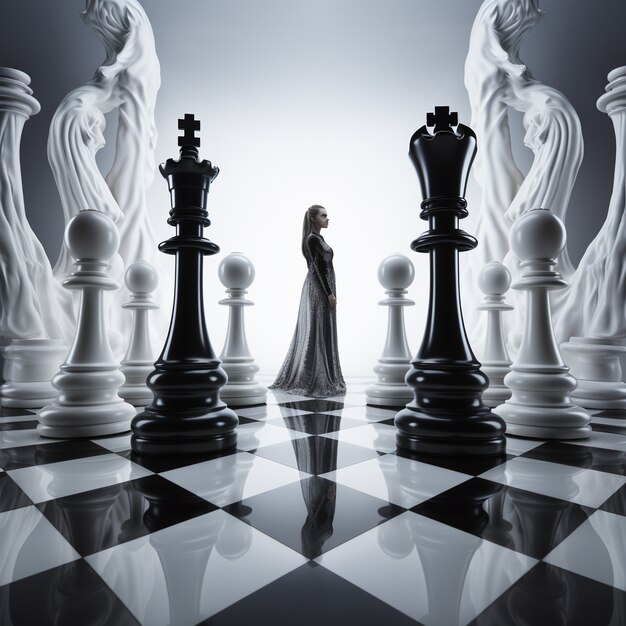 Blick auf dramatische Schachfiguren mit geheimnisvoller Figur