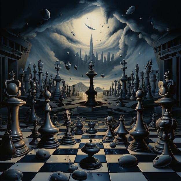 Blick auf dramatische Schachfiguren mit geheimnisvoller und mystischer Atmosphäre