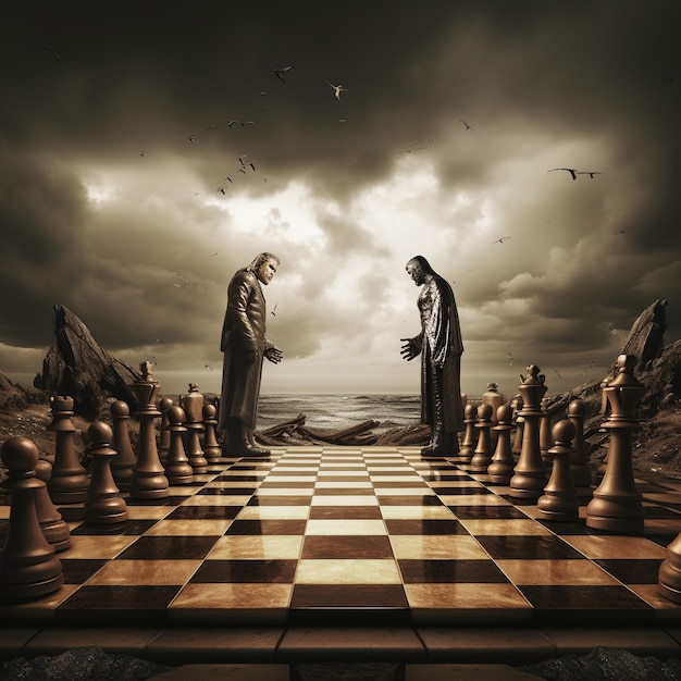 Blick auf dramatische Schachfiguren mit Männern