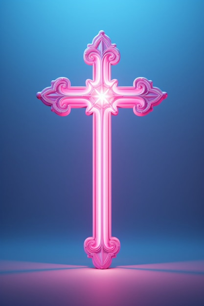 Blick auf ein 3D-helles neonfarbenes religiöses Kreuz