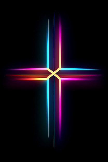 Blick auf ein 3D-helles neonfarbenes religiöses Kreuz