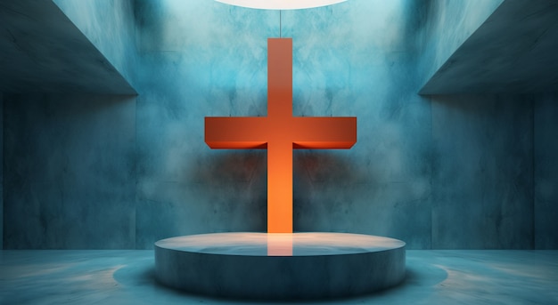 Kostenloses Foto blick auf ein 3d-religionskreuz im blauen raum