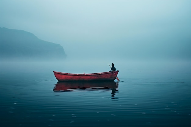 Kostenloses Foto blick auf ein auf dem wasser schwimmendes boot mit naturkulisse