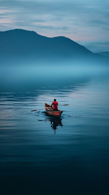 Kostenloses Foto blick auf ein auf dem wasser schwimmendes boot mit naturkulisse
