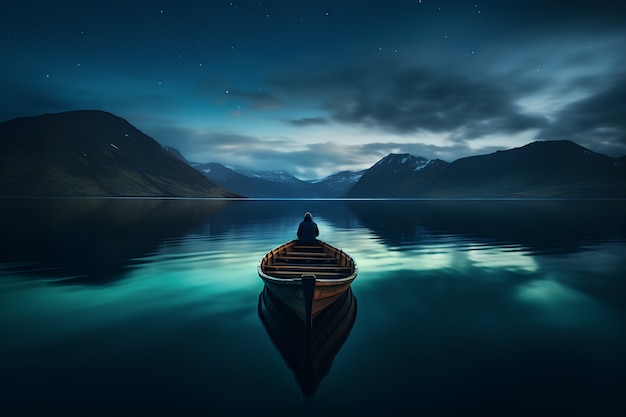 Blick auf ein auf dem Wasser schwimmendes Boot mit Naturkulisse