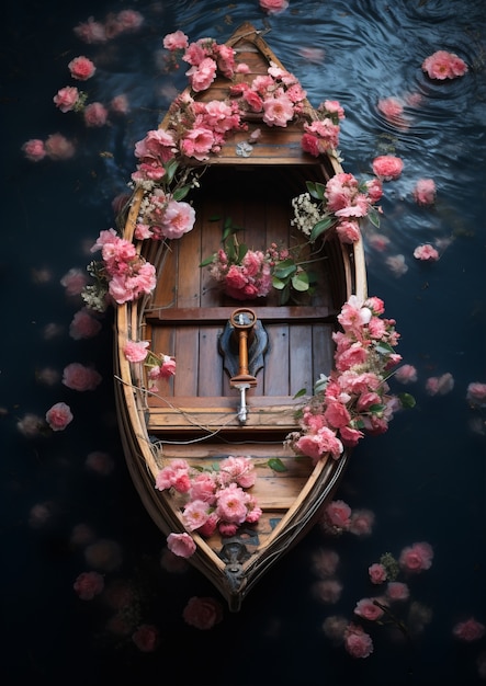 Blick auf ein Boot auf dem Wasser mit Blumen