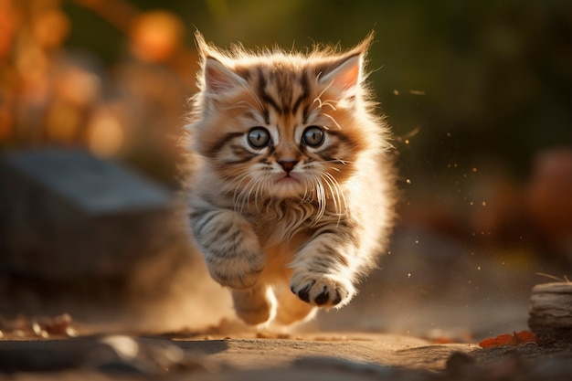 Blick auf ein entzückendes Kätzchen, das im Freien rennt