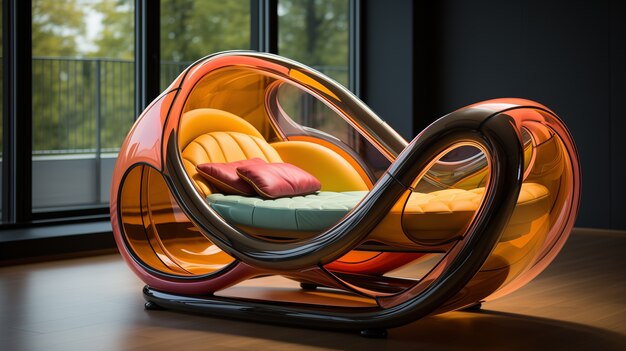 Blick auf ein futuristisches Schlafzimmer mit Möbeln