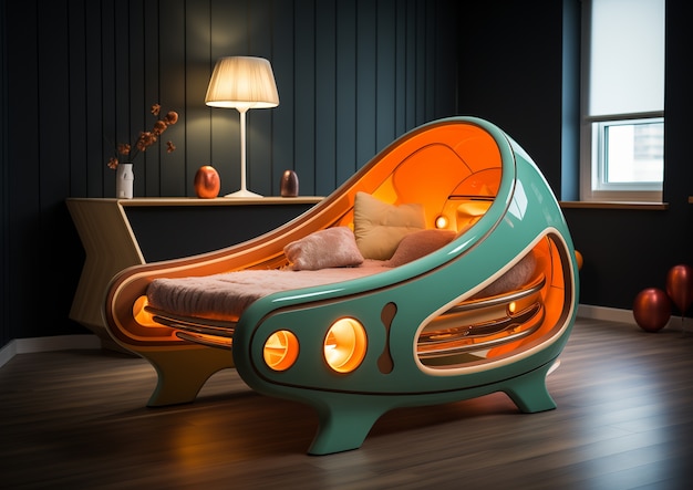 Blick auf ein futuristisches Schlafzimmer mit Möbeln