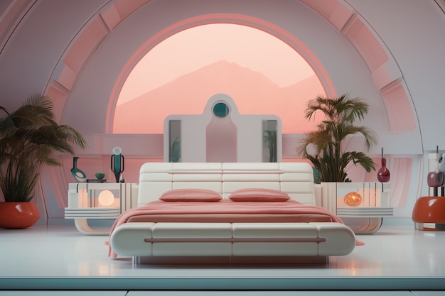 Blick auf ein futuristisches Schlafzimmer mit Möbeln