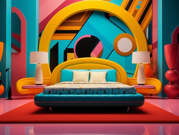Blick auf ein futuristisches Schlafzimmer mit Möbeln