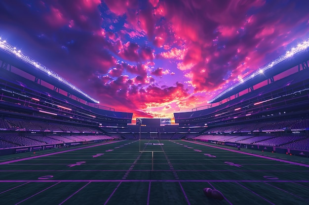 Blick auf ein leeres Fußballstadion mit Fantasie und träumendem Himmel