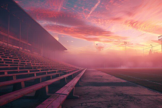 Blick auf ein leeres Fußballstadion mit Fantasie und träumendem Himmel