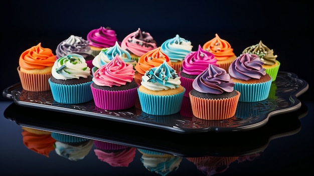 Kostenloses Foto blick auf ein tablett voller köstlicher und süßer cupcake-desserts