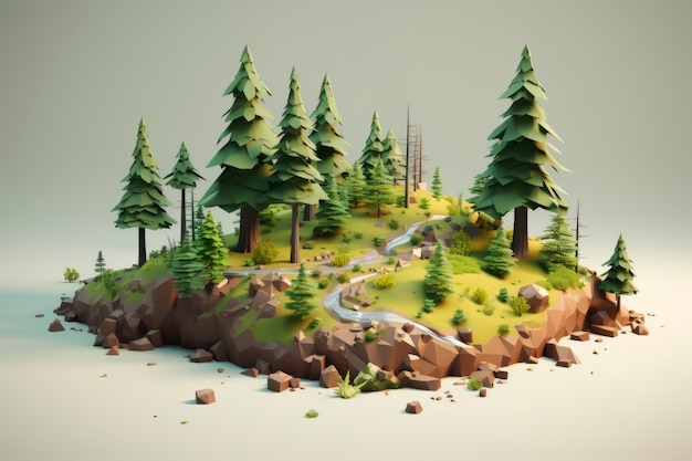 Blick auf eine 3D-Waldlandschaft auf einem Hügel mit Fluss